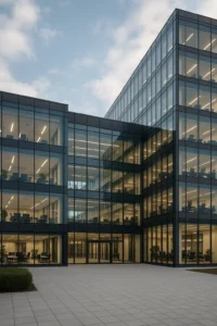 En moderne kontorbygning med store glasfacader og oplyste kontorlokaler, set udefra ved skumringstid.